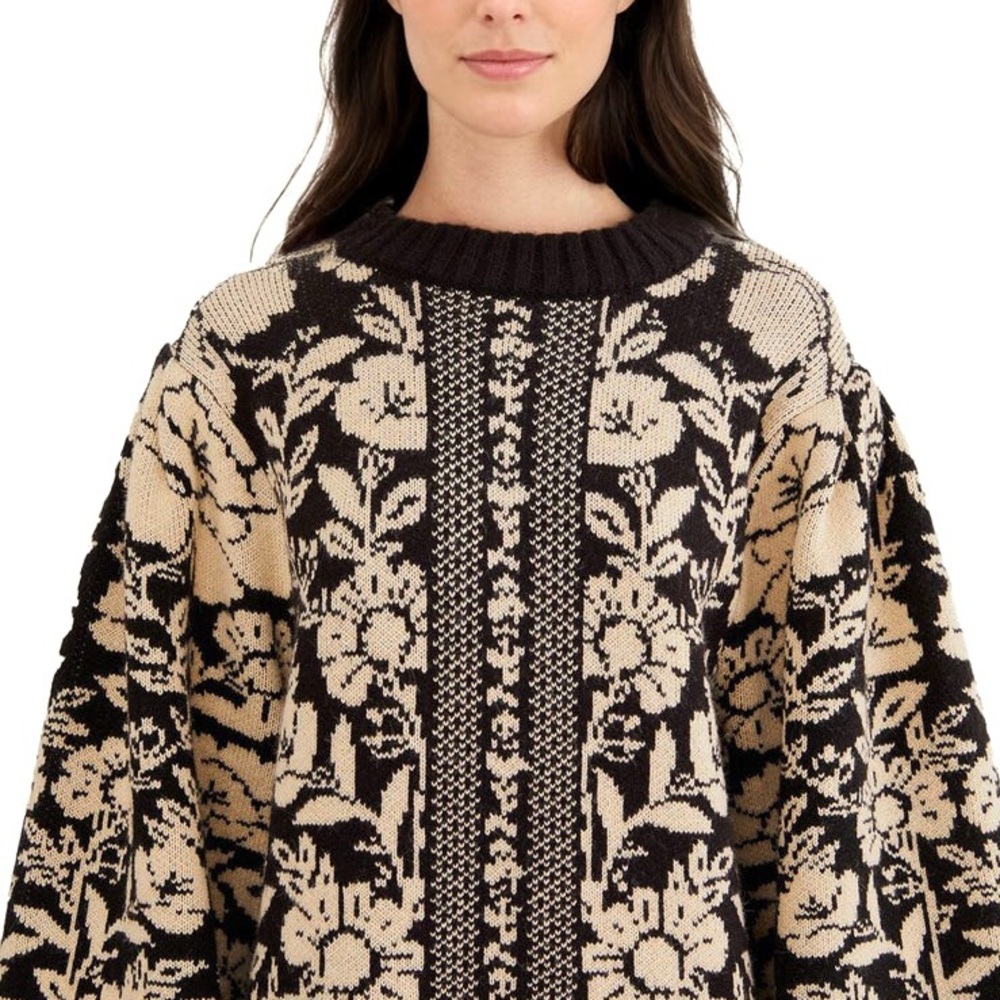 NEW FARM Rio Black Pineapple Garden Mini Sweater Dress Tunic Floral Knit Size S - Picture 3 of 16
